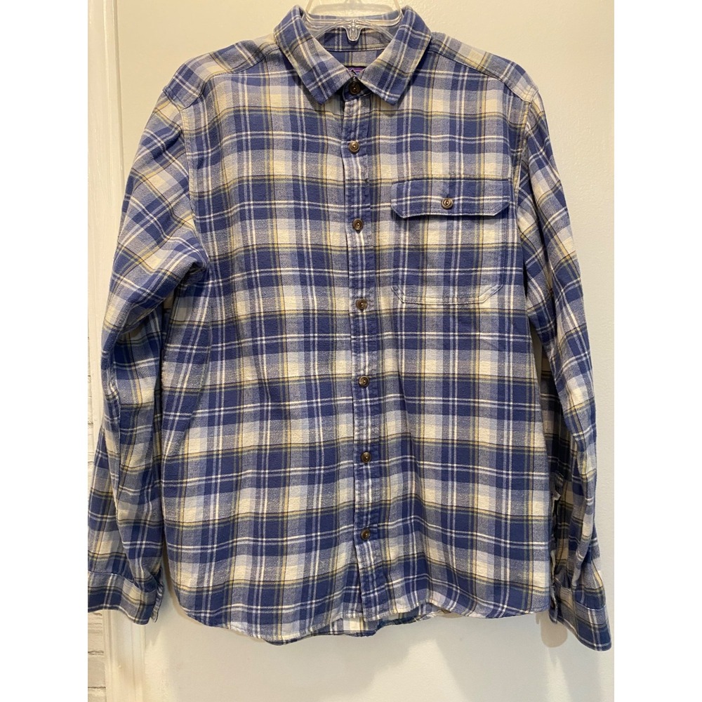 Patagonia Lightweight Shirt Men medium Organic Cotton Beige Blue